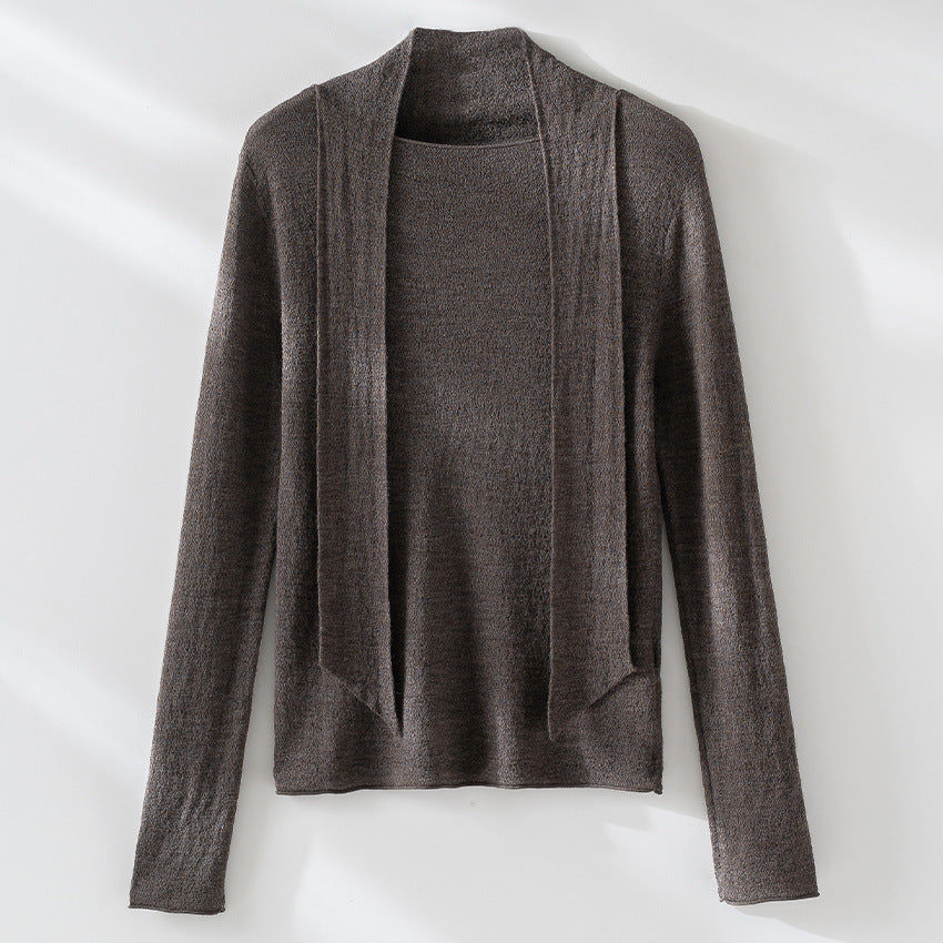 Damen Feiner Feinstrickpullover mit Schalkragen und asymmetrischem Schlaufendetail Echoarchiv
