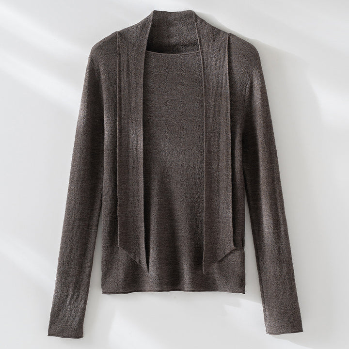 Damen Feiner Feinstrickpullover mit Schalkragen und asymmetrischem Schlaufendetail Echoarchiv