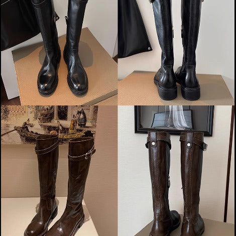 Damen kniehohe Lederstiefel mit flacher Profilsohle und Ziergurt Echo Archiv