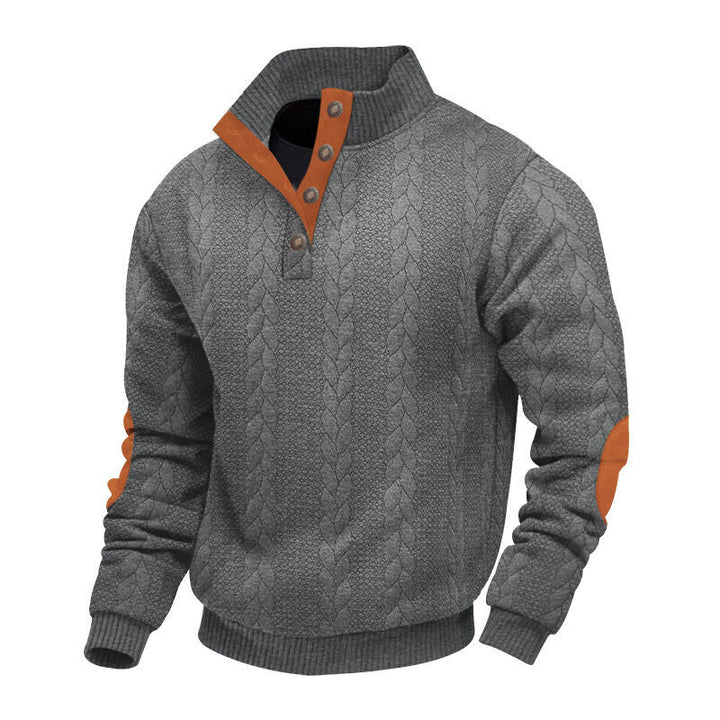 Herren nan grober Zopfstrick Troyer mit Knopfleiste und Veloursleder-Ellenbogenpatches Echo Archiv