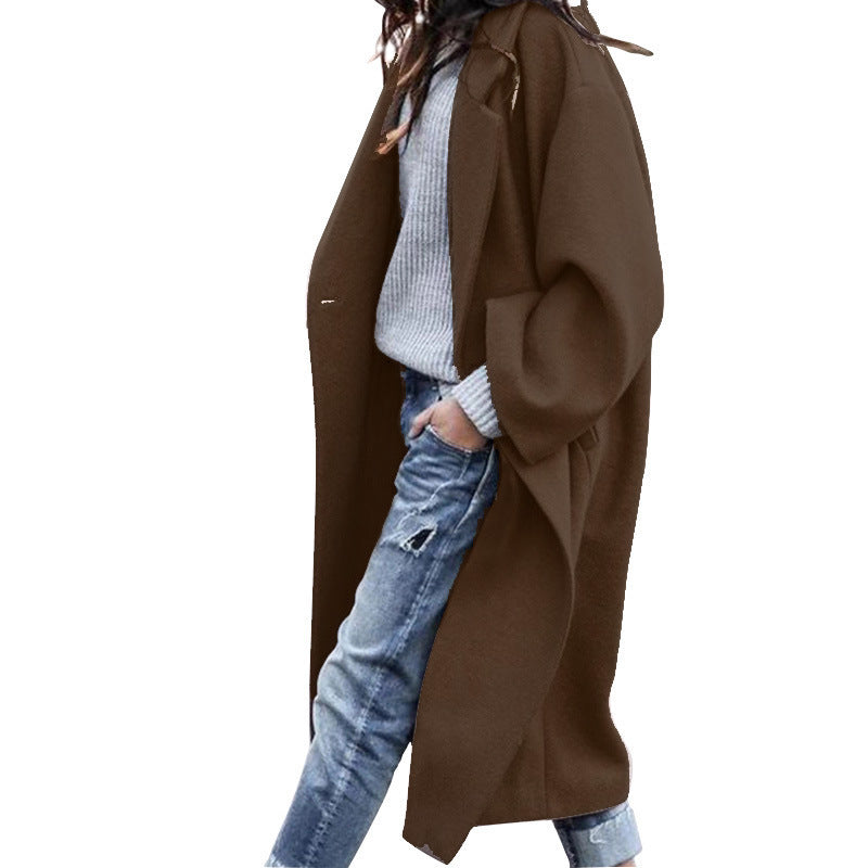 Damen Oversize Wollmantel mit fallender Schulter, offener Front und Eingrifftaschen Echoarchiv
