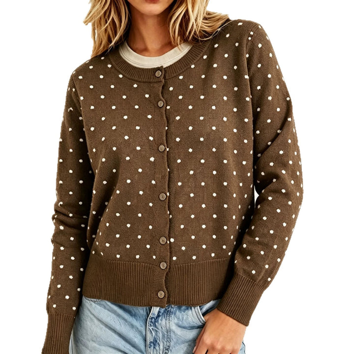 Damen Gepunktete Feinstrick-Cardigan mit Rundhals und Rippbündchen – Veloura