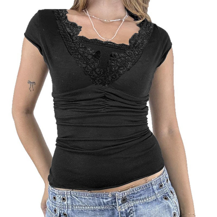 Damen elegantes Spitzenoberteil mit ruched Design und V-Ausschnitt Echo Archiv