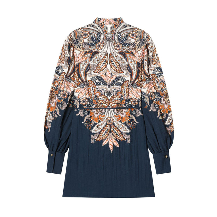 Damen Paisley-Tunika mit Stehkragen, Taillenzug und Ballonärmeln – Élovi