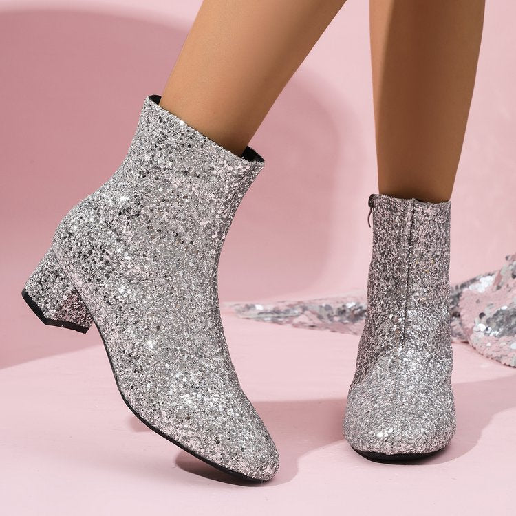 Damen glitzernde Stiefeletten mit kurzem Blockabsatz und seitlichem Reißverschluss Echo Archiv