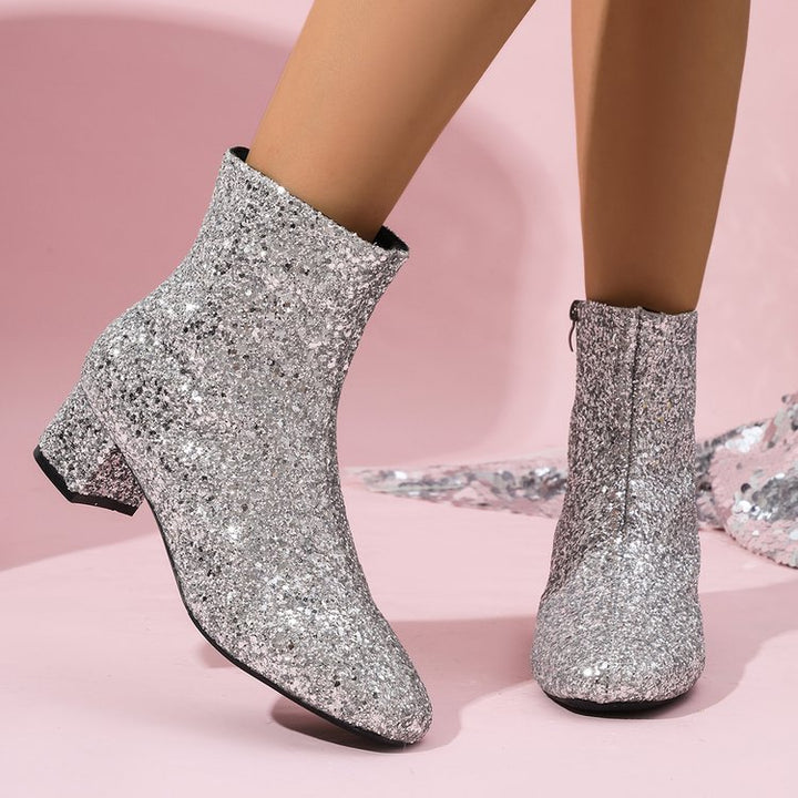 Damen glitzernde Stiefeletten mit kurzem Blockabsatz und seitlichem Reißverschluss Echo Archiv