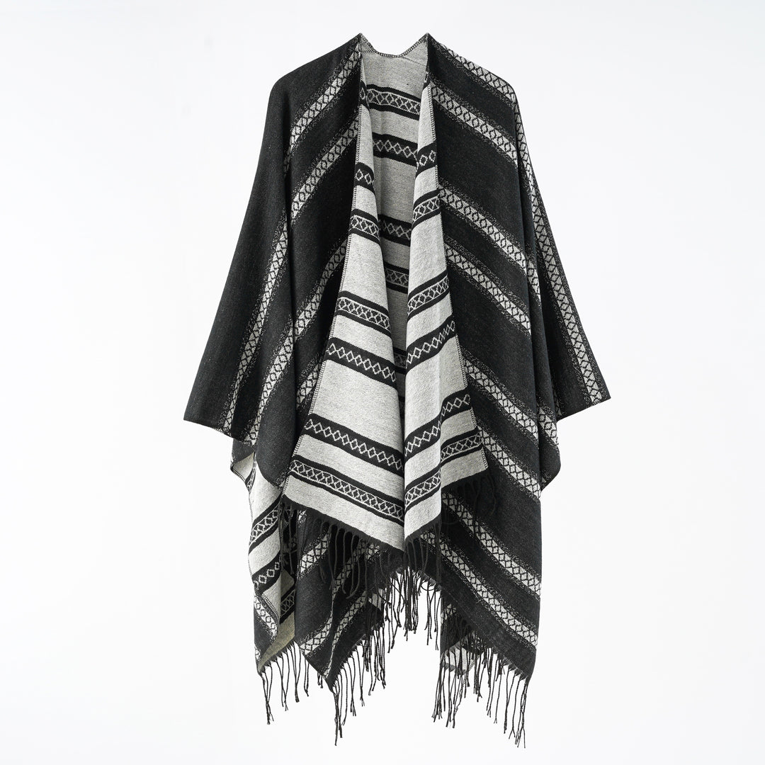 Damen Wollmix-Wickelponcho im Jacquardstreifen mit Fransen Echo Archiv