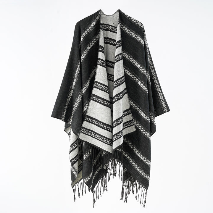 Damen Wollmix-Wickelponcho im Jacquardstreifen mit Fransen Echo Archiv