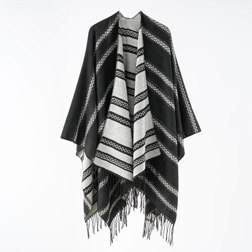 Damen Wollmix-Wickelponcho im Jacquardstreifen mit Fransen Echo Archiv