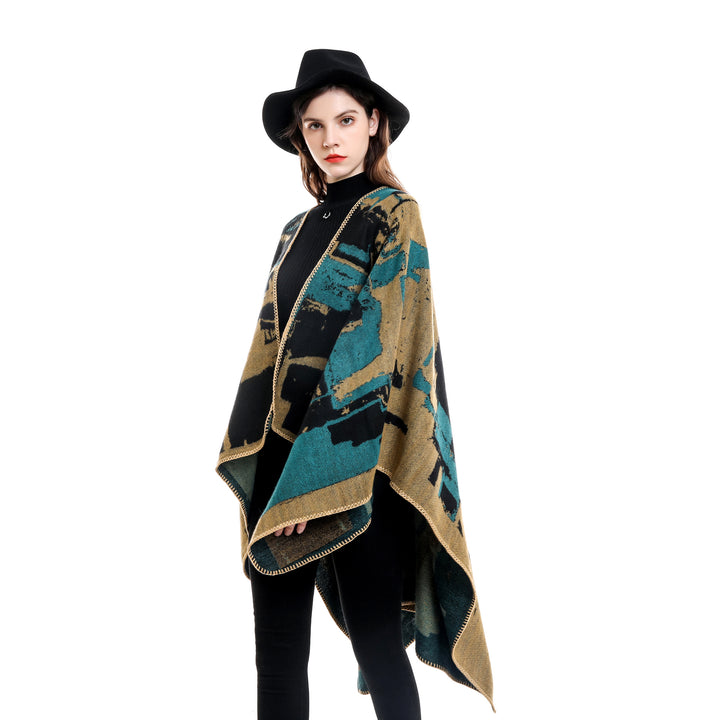 Damen Oversize-Umhangruana aus Wollmix mit abstraktem Jacquard und Zierstichkante – Célinea
