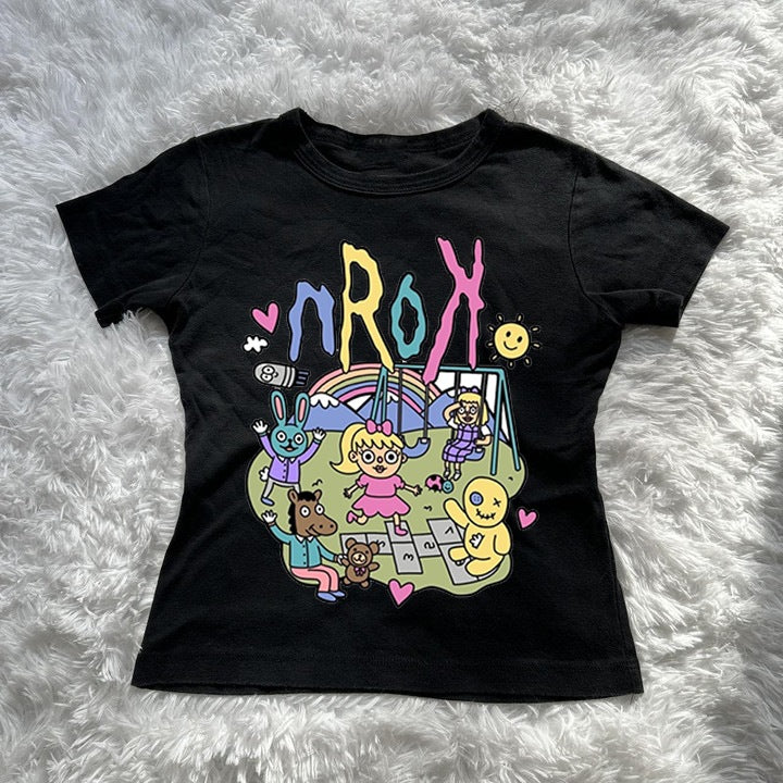 Damen Kurzarm T-Shirt mit verspieltem Grafiken-Design Echo Archiv