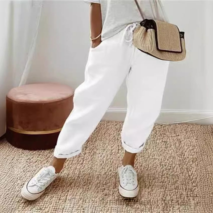 Damen nan legerer Leinen-Jogger mit Kordelzug, Eingrifftaschen und umgeschlagenem Saum Echo Archiv
