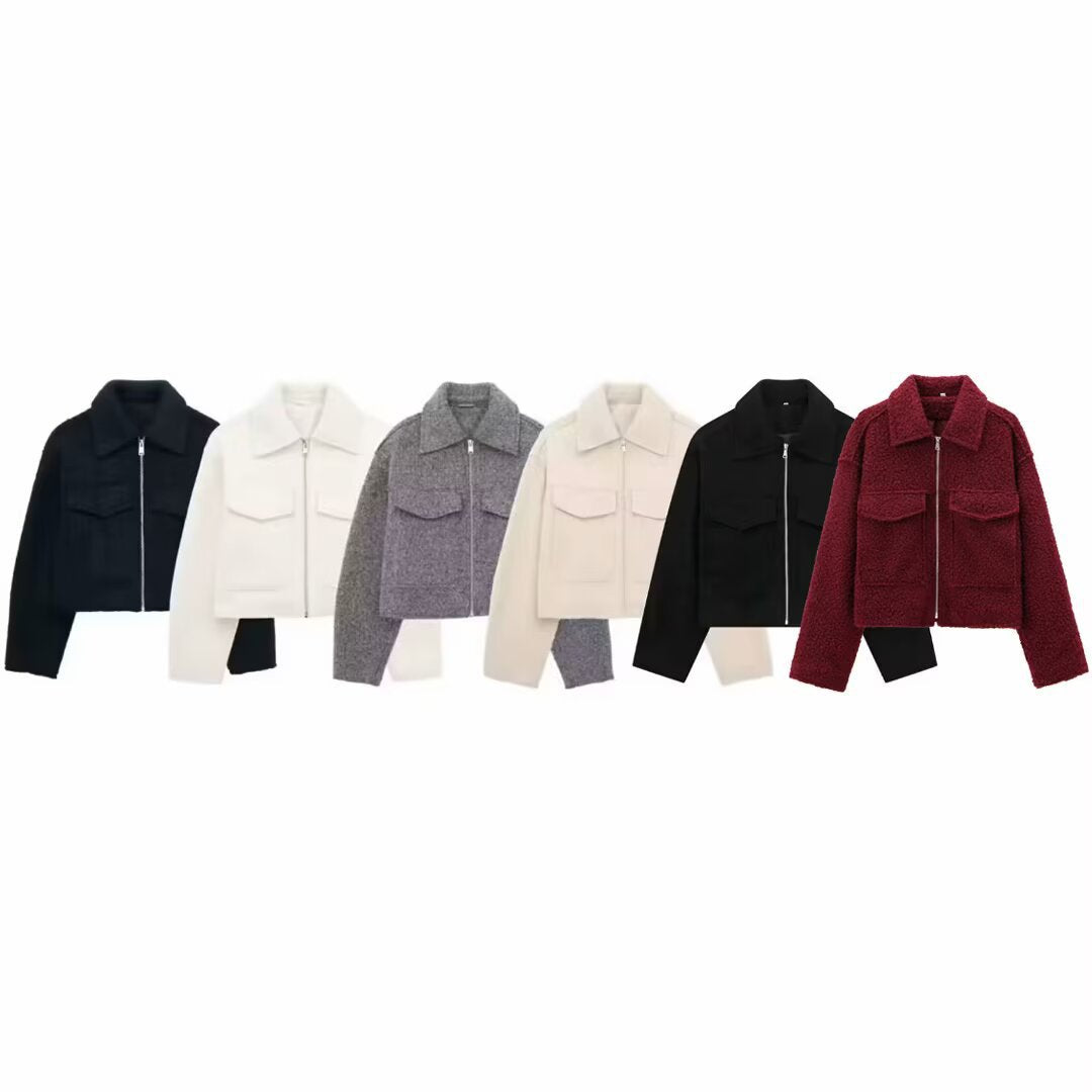 Damen Kurzgeschnittene Sherpa-Jacke mit Reißverschluss und aufgesetzten Pattentaschen Echoarchiv