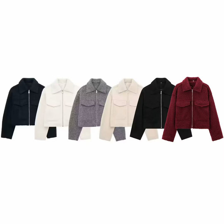 Damen Kurzgeschnittene Sherpa-Jacke mit Reißverschluss und aufgesetzten Pattentaschen Echoarchiv