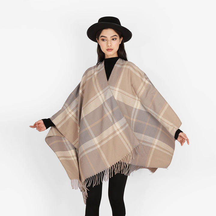Damen Karierter Cape-Überwurf im Oversize-Stil aus Wollmix mit Fransensaum – Montévia