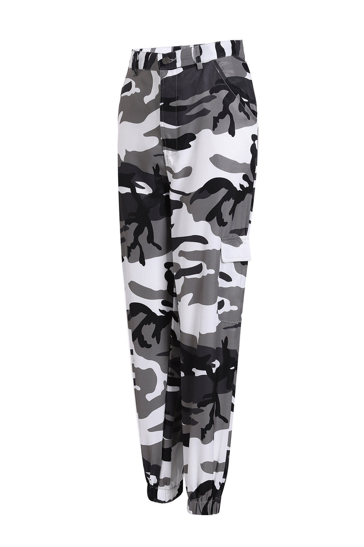 Damen Cargohose mit Camouflage‑Print, elastischem Bund und Beinbündchen Echoarchiv