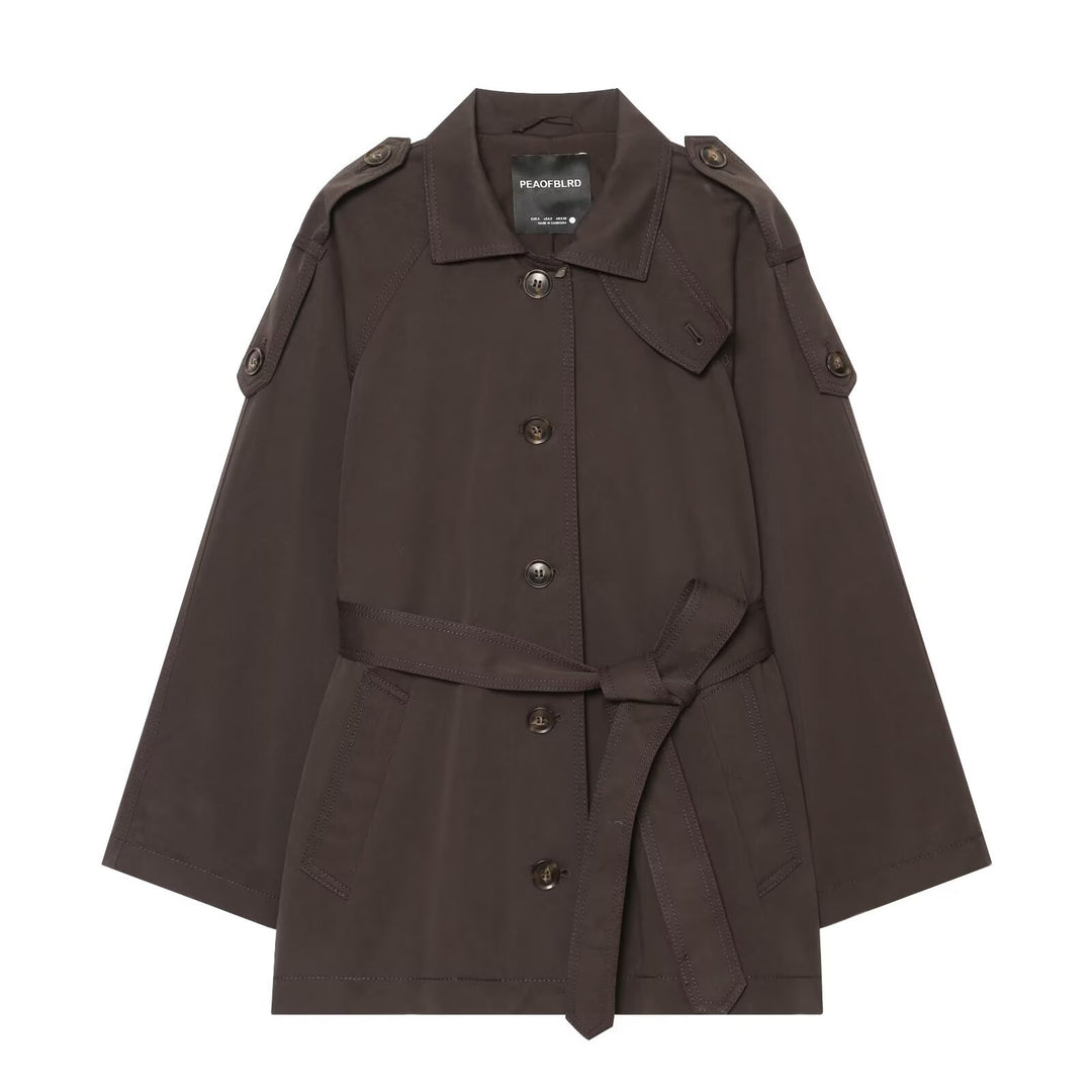 Damen Kurzer Cape‑Trench mit Bindegürtel und Epauletten Echoarchiv