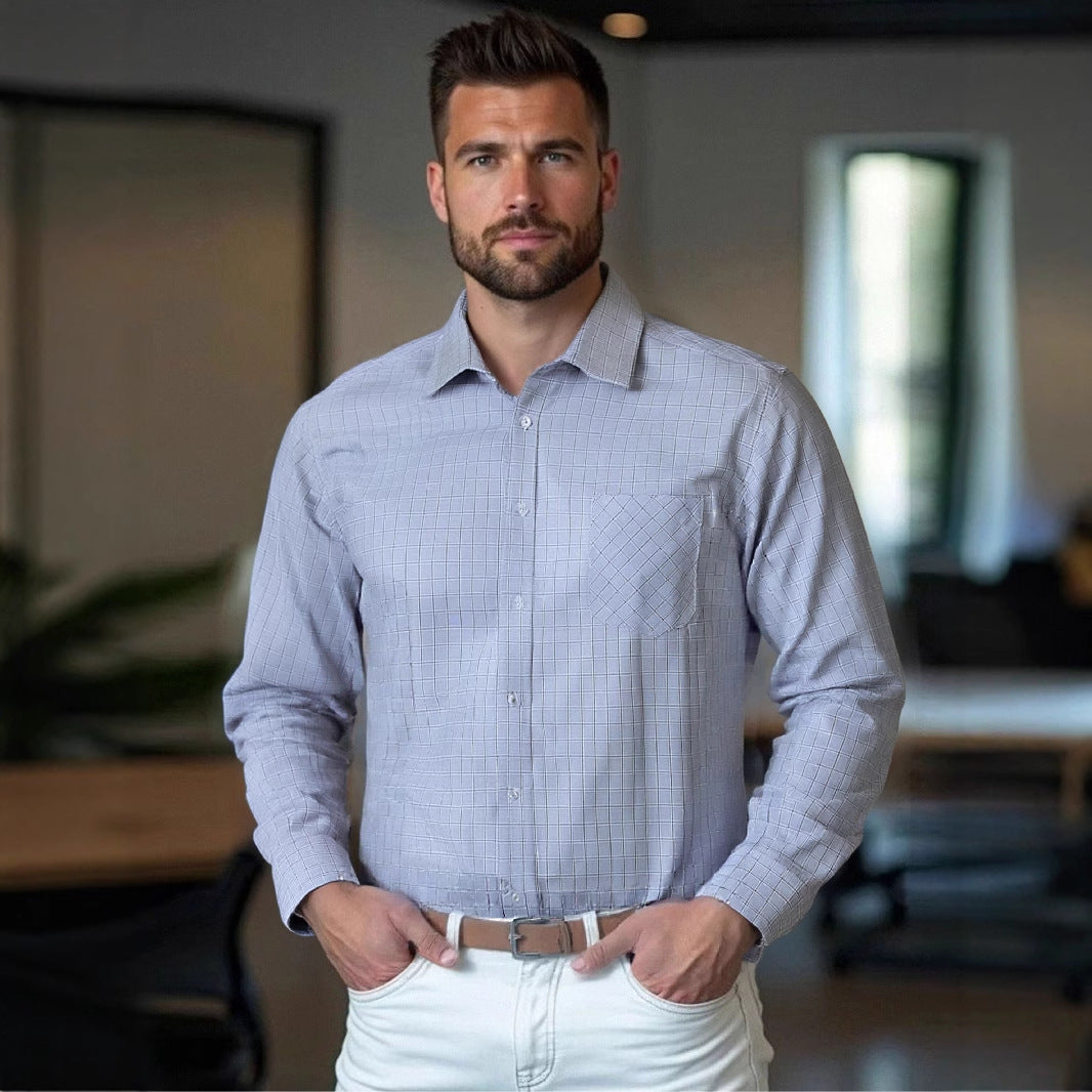 Herren klassisches kariertes Langarmhemd mit Brusttasche Echoarchiv
