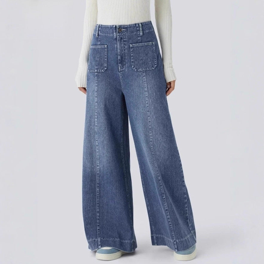 Damen nan hochtaillierte weite Jeanshose mit aufgesetzten Fronttaschen und vertikaler Ziernaht Echo Archiv