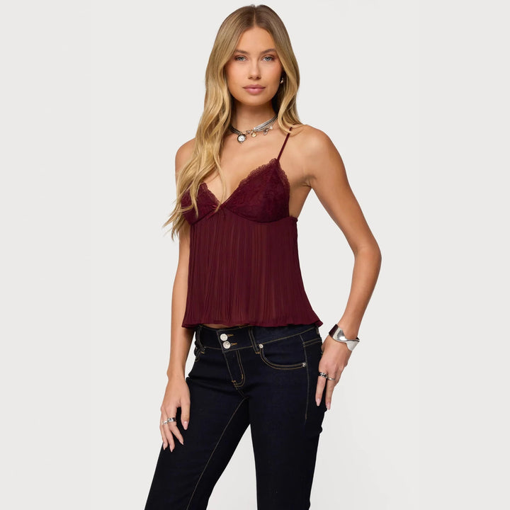 Damen Chiffon Top mit Spitzenakzenten und plissiertem Design Echo Archiv