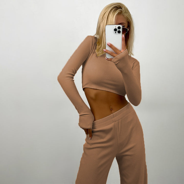 Damen nan eng anliegendes geripptes Cropped Longsleeve mit elastischer Highwaist-Loungehose Set Echo Archiv