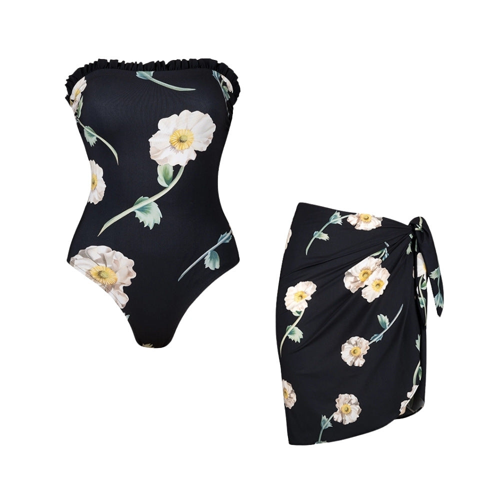Damen Einteiler Badeanzug mit floralem Rüschendetail Echo Archiv
