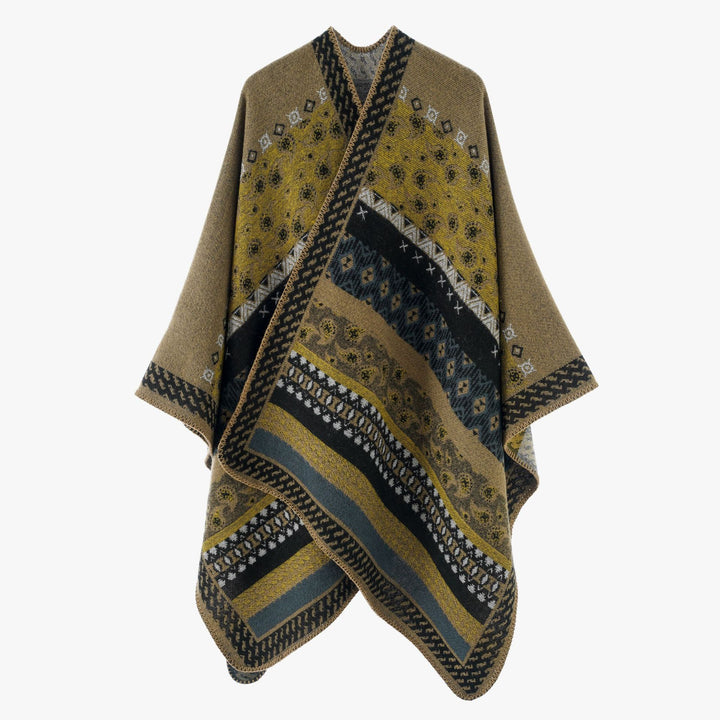 Damen Strickcape im Paisley‑Jacquard mit asymmetrischem Saum – Avérine