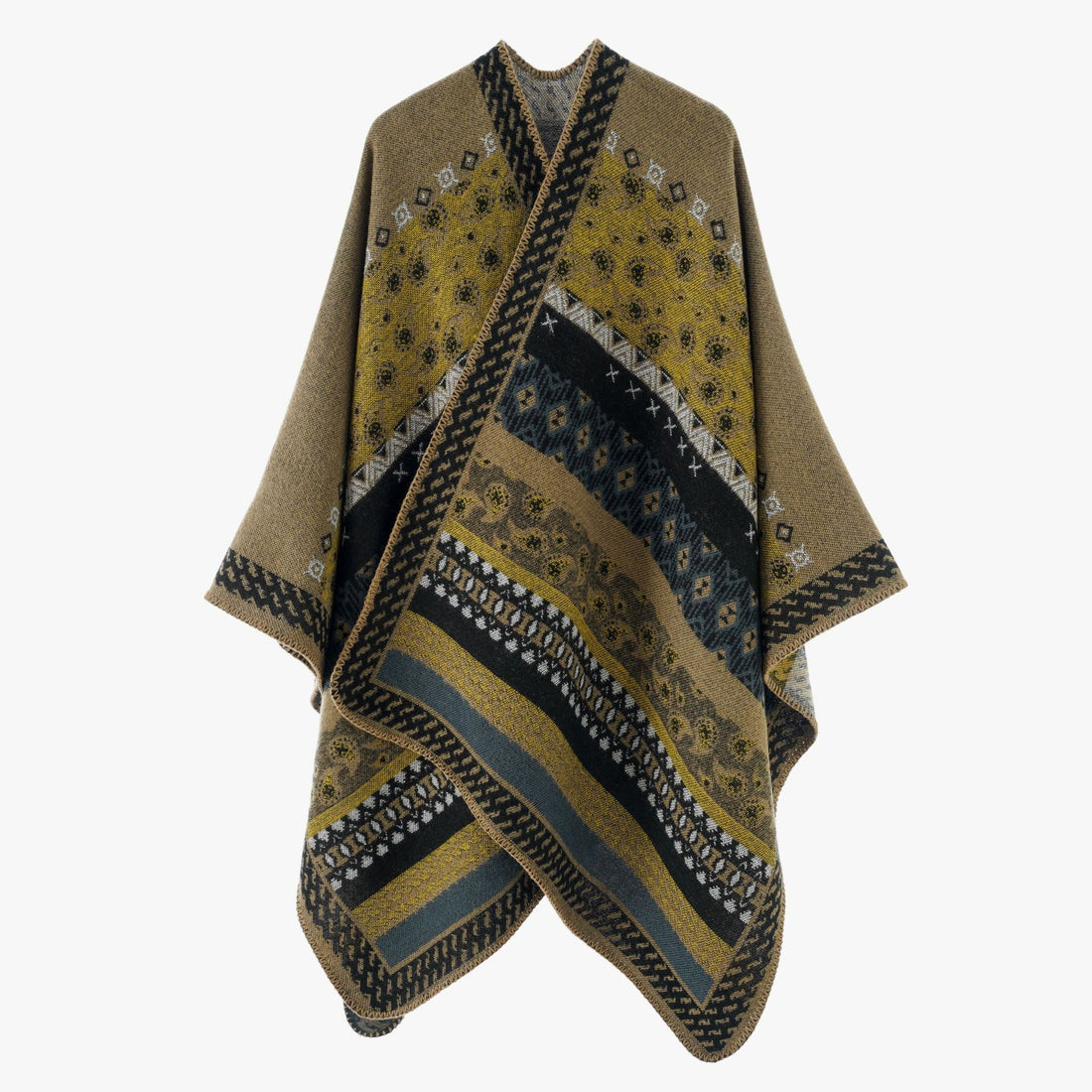 Damen Offenes Jacquard-Cape mit Paisley- und Ethno-Motiv – Célinea