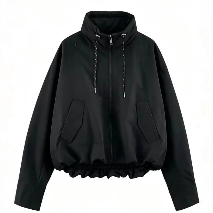 Damen Oversize Cropped Kapuzenjacke mit durchgehendem Reißverschluss, Kordelzug und gerafftem Saum Echo Archiv