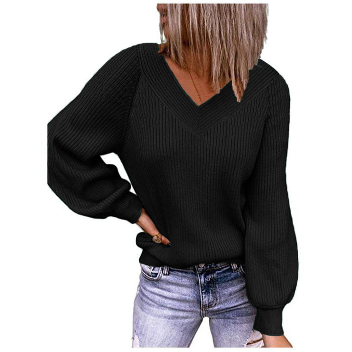 Damen Gerippter V‑Ausschnitt Pullover mit Ballonärmeln und lässiger Passform Echoarchiv