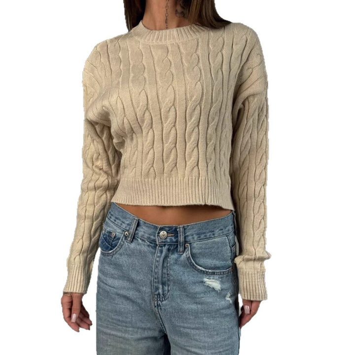 Damen Kurzer Boxy-Zopfstrickpullover mit geripptem Saum und Rundhalsausschnitt – Mavelle