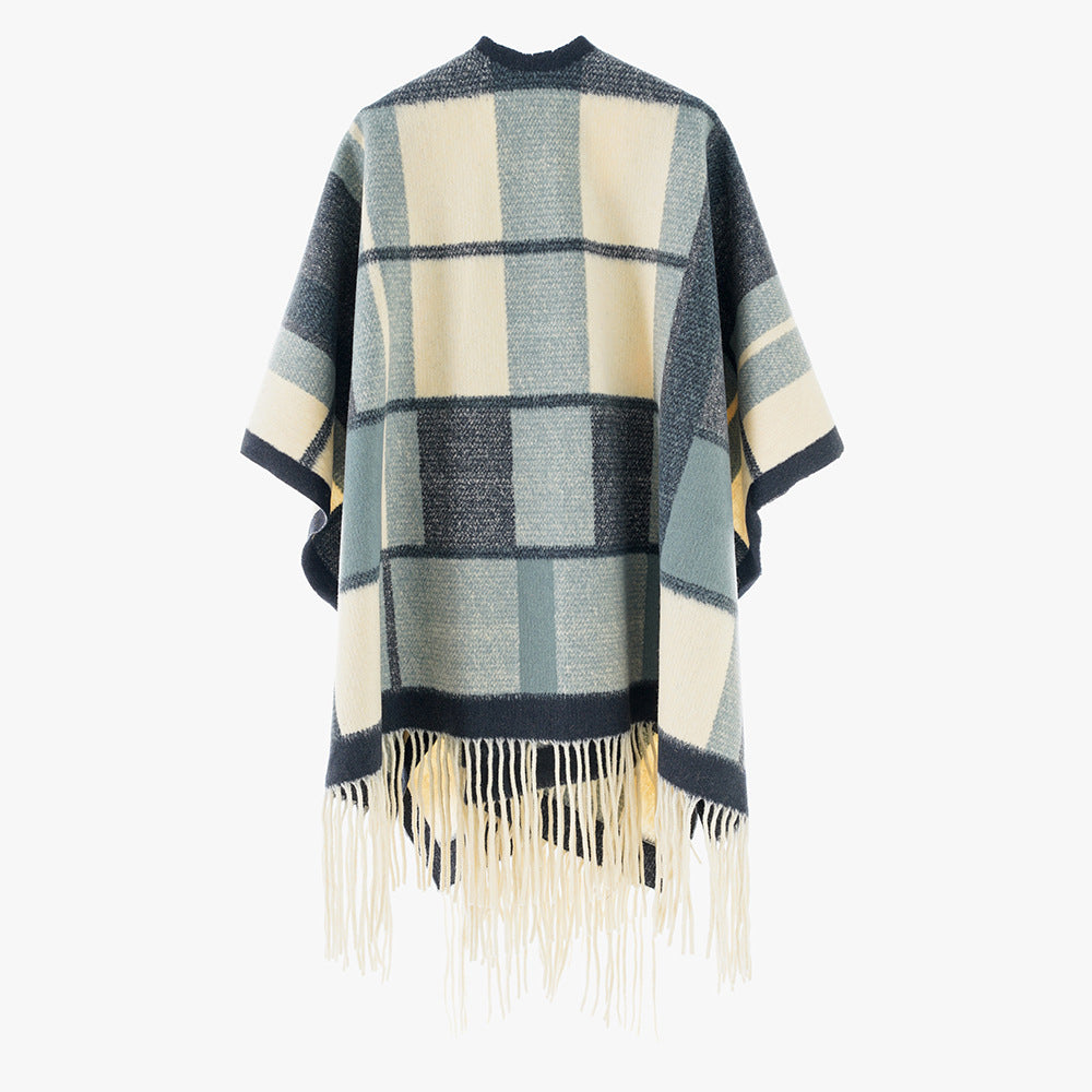 Damen Capeponcho im Oversize‑Rechteckschnitt mit karierter Webstruktur und Fransen – Avérine
