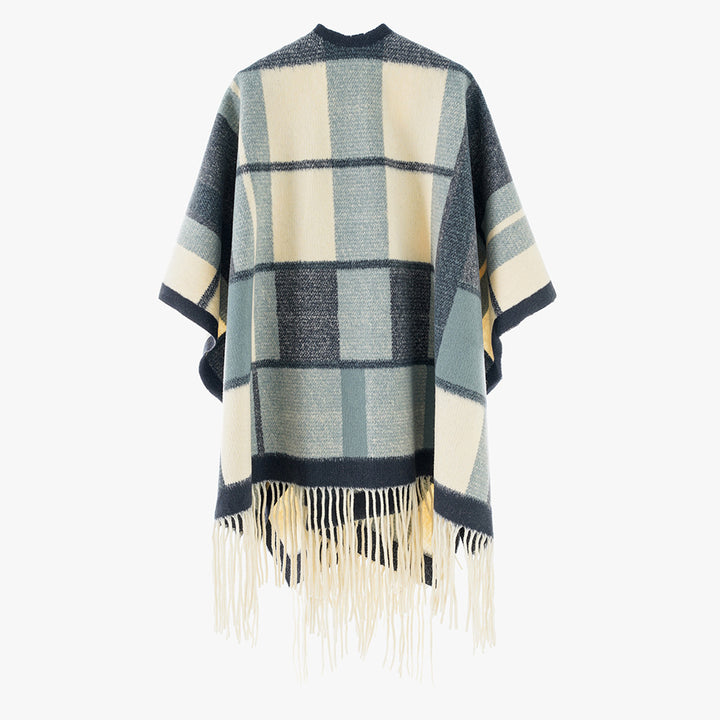Damen Capeponcho im Oversize‑Rechteckschnitt mit karierter Webstruktur und Fransen – Avérine