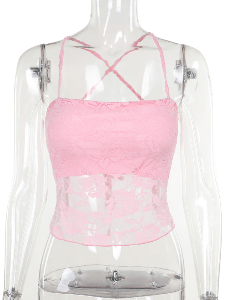 Damen Spitzen-Crop-Top mit verstellbaren Spaghetti-Trägern und floralem Muster Echo Archiv