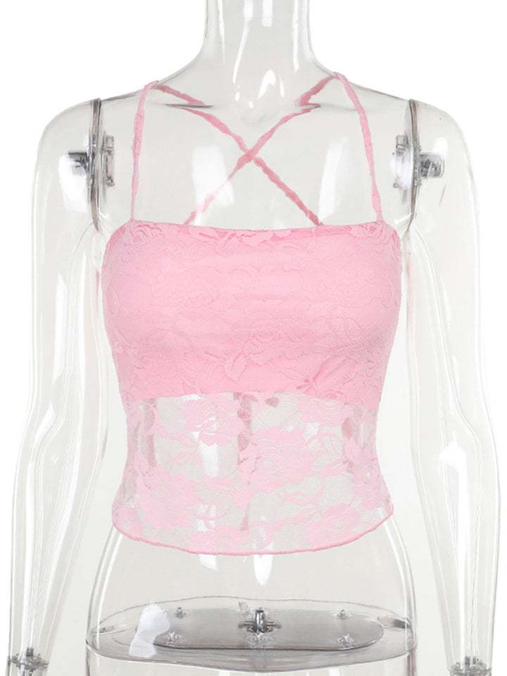 Damen Spitzen-Crop-Top mit verstellbaren Spaghetti-Trägern und floralem Muster Echo Archiv