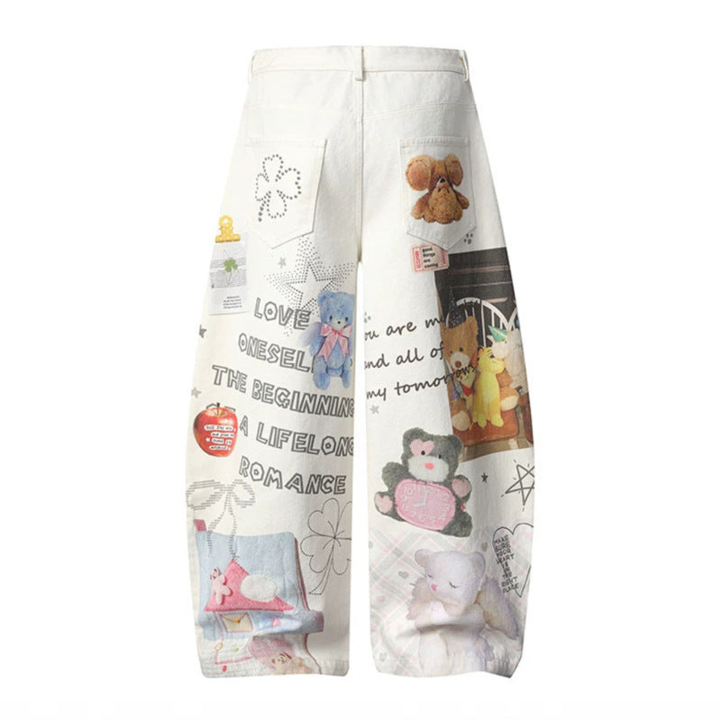 Damen Weite High‑Waist Culotte-Jeans mit verspieltem Allover-Mixed-Print und elastischem Saum Echoarchiv