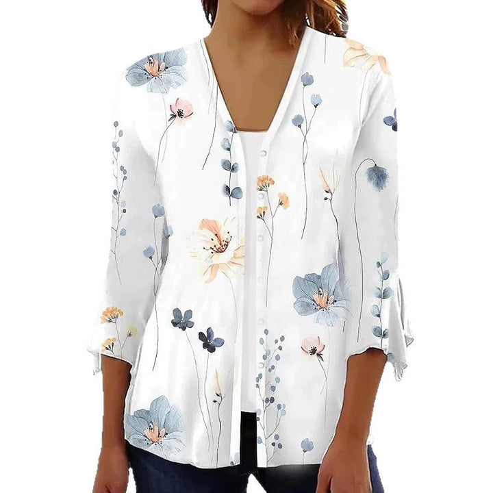 Damen nan leichte Chiffonbluse mit Aquarellblumenprint, V‑Ausschnitt, Knopfleiste und dreiviertelärmeln Echoarchiv