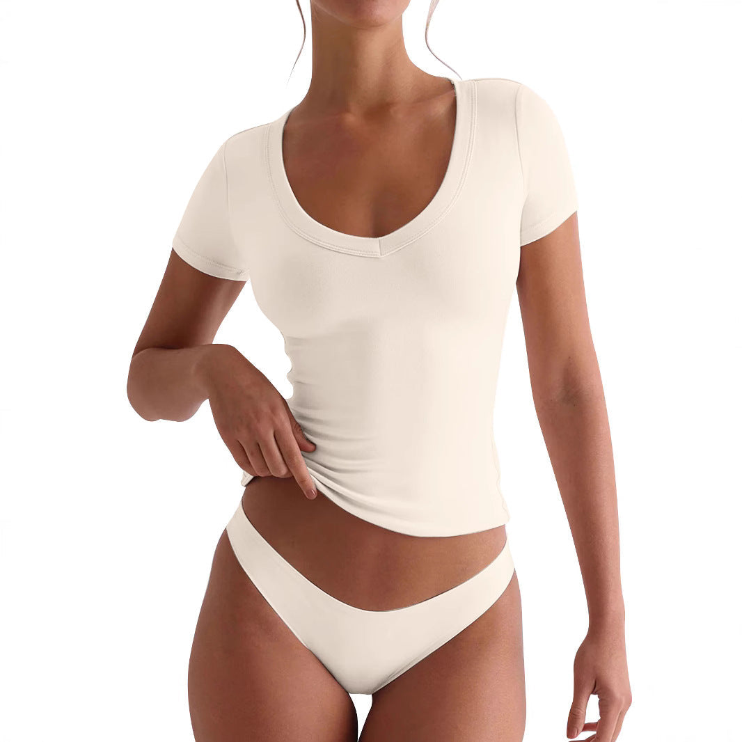 Damen figurbetontes V-Neck T-Shirt mit kurzen Ärmeln Echoarchiv
