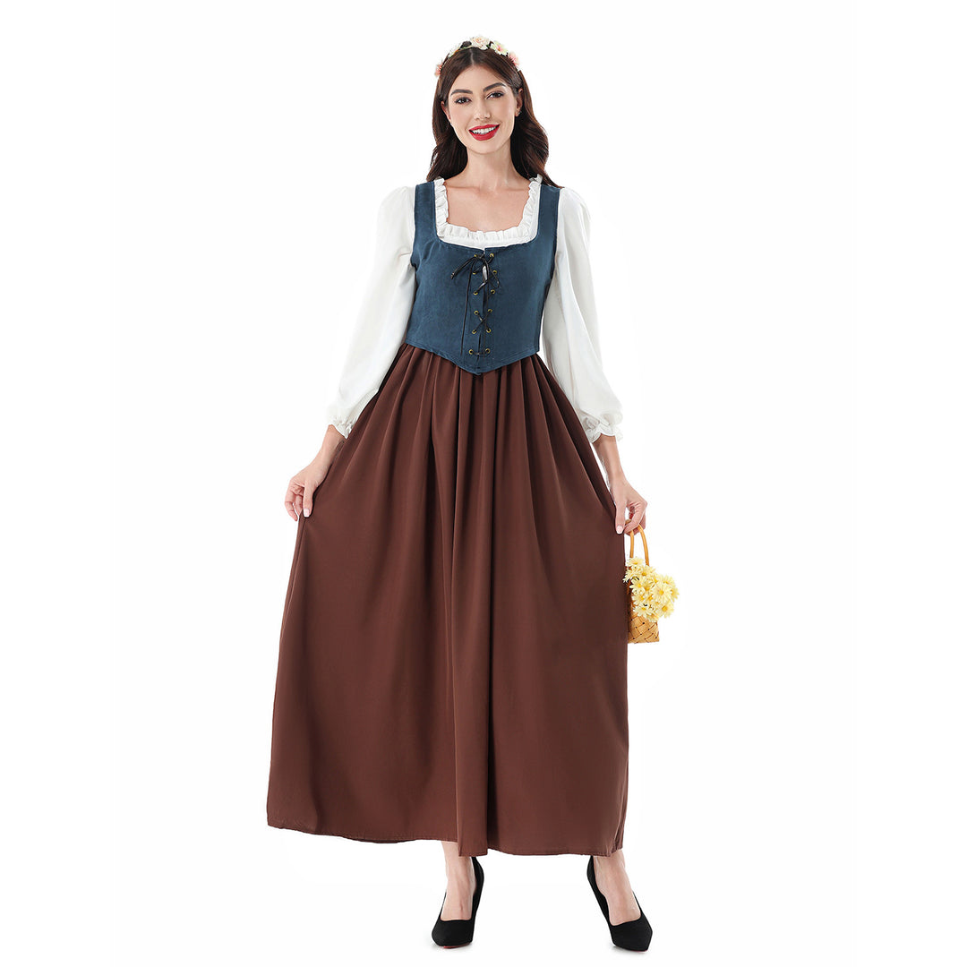 Damen nan historisches Mittelalterkleid mit geschnürter Miederweste, rüschiger Bluse und weitem Maxirock Echo Archiv