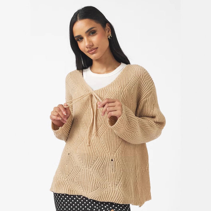Damen Oversize Strickpullover mit V-Ausschnitt, Kordelzug und Rautenstruktur – Mavelle