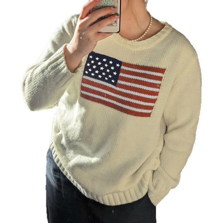 Damen Kuscheliger Baumwollmix-Strickpullover mit Rundhals und eingestrickter Flaggenapplikation Echo Archiv