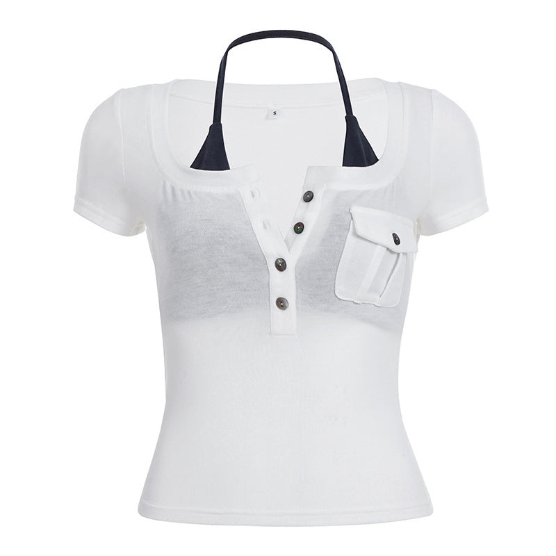 Damen Kurzarmbluse mit angesagtem Henley-Design und praktischer Brusttasche Echo Archiv