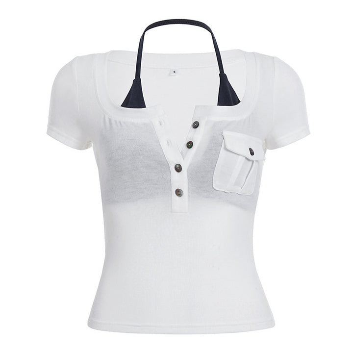 Damen Kurzarmbluse mit angesagtem Henley-Design und praktischer Brusttasche Echo Archiv