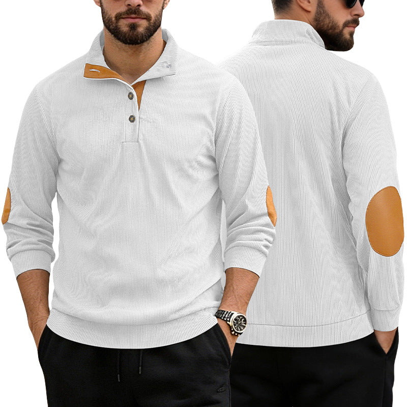 Herren nan lässiger Strukturpullover mit Polokragen, kurzer Knopfleiste und veganen Lederbesätzen Echo Archiv