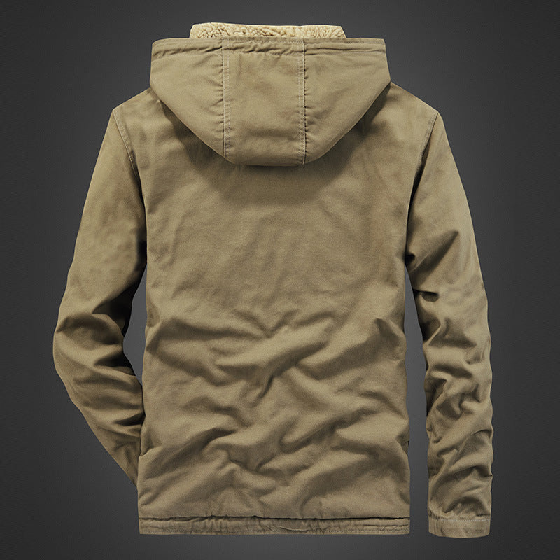 Herren Kapuzen-Canvasjacke mit durchgehendem Teddyfutter und verdeckter Druckknopfleiste – Taviero