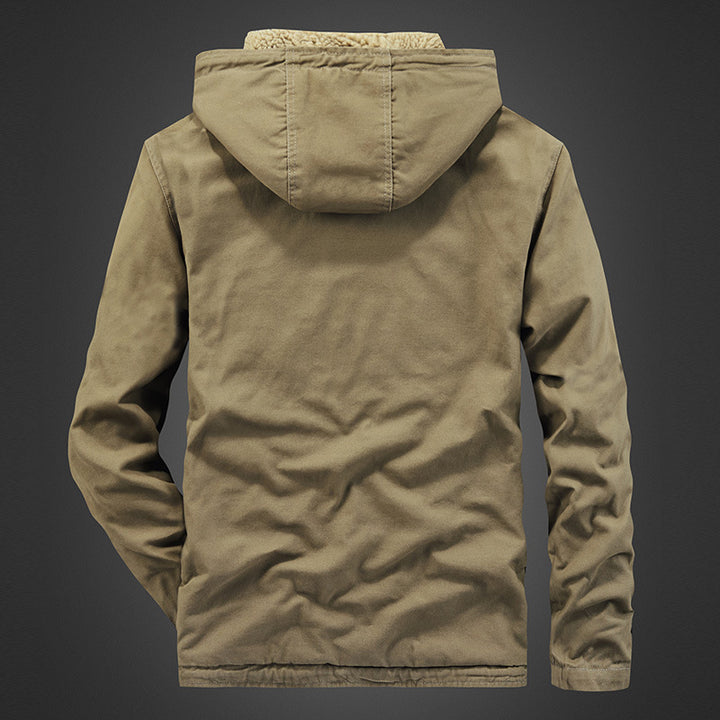 Herren Kapuzen-Canvasjacke mit durchgehendem Teddyfutter und verdeckter Druckknopfleiste – Taviero
