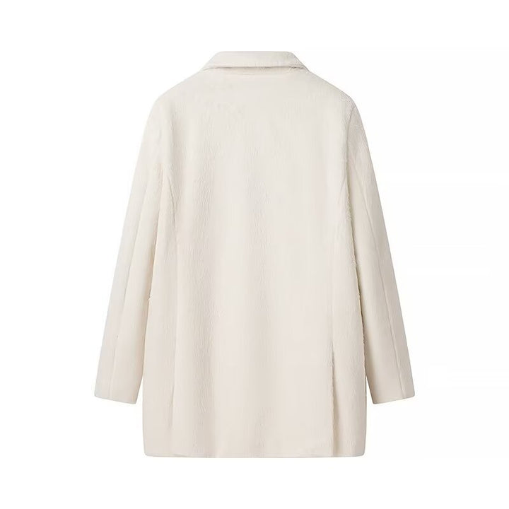 Damen nan minimalistischer midilanger Mantelblazer mit strukturierter Oberfläche, Reverskragen und Pattentaschen Echo Archiv