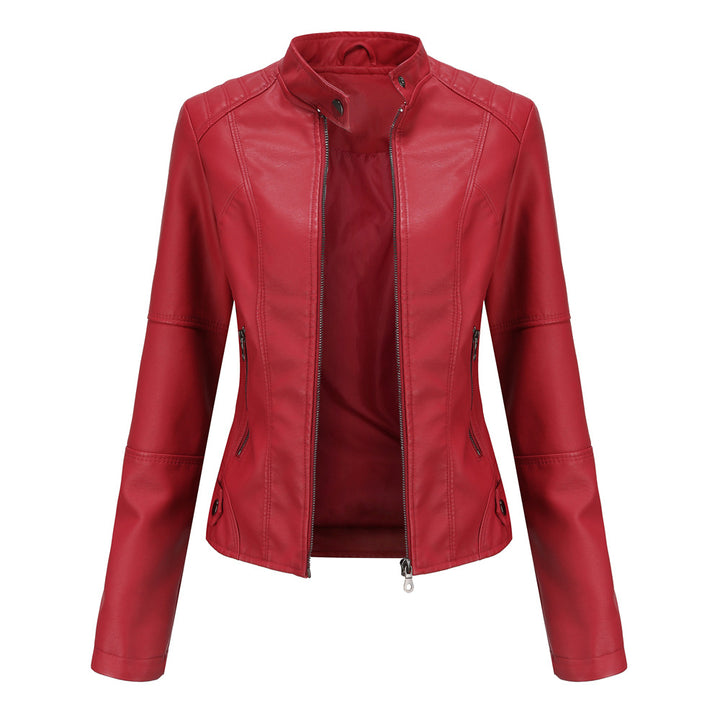 Damen nan schlanke Kunstlederjacke im Bikerstil mit Stehkragen und formenden Abnähern Echo Archiv