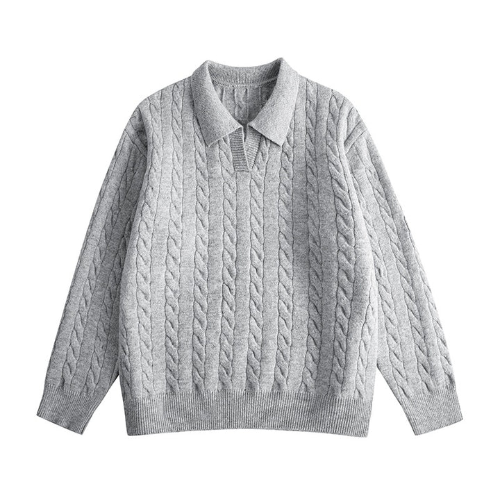 Damen Oversize Kabelstrick-Polo-Pullover mit V‑Ausschnitt und geripptem Saum Echoarchiv