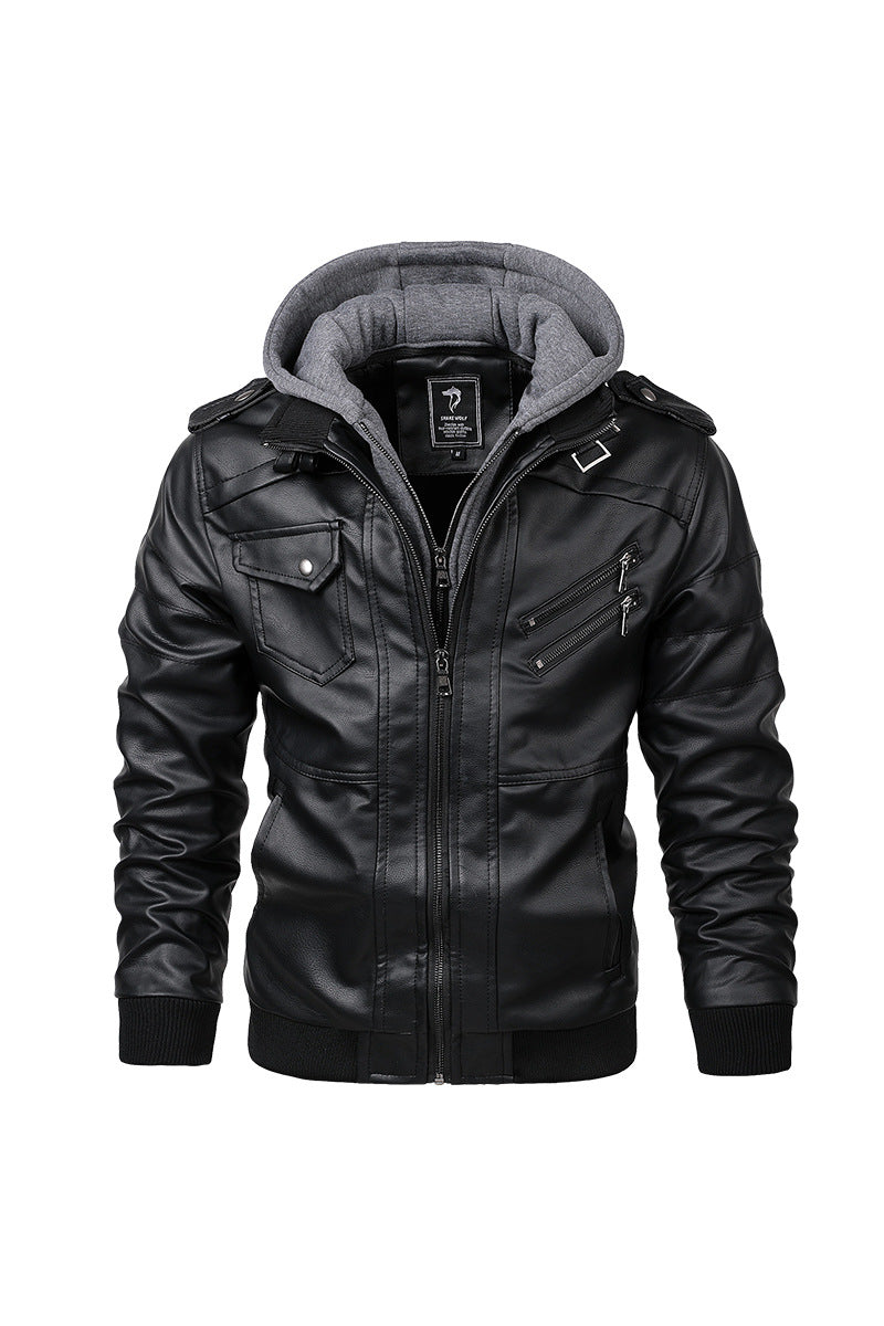 Herren Kunstleder-Bomberjacke mit Kapuze Fleece-Innenfutter und Multifachtaschen – Brevano